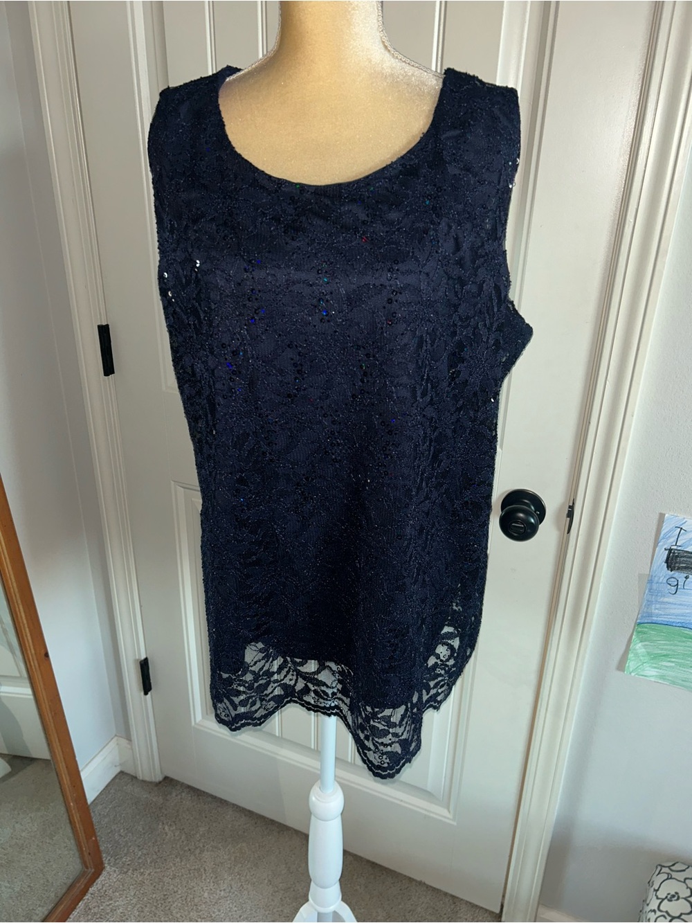 Catherines Navy Lace Sleeveless Tunic with Sequin Accents Sz 24W